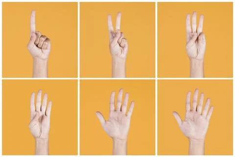 Collage one five fingers count signs yellow backdrop Stock Photos