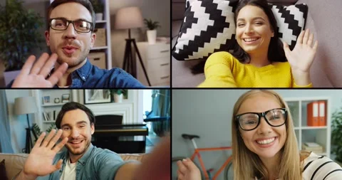 Collage of online video chat of four friends on computer screen in room Stock-Footage 130353026