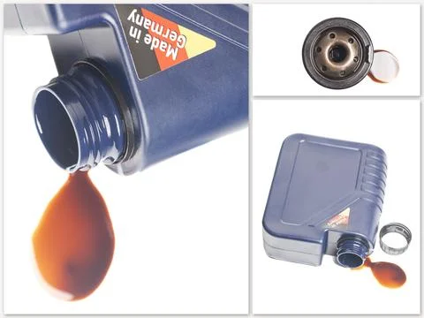 Collage with open engine oil bottle with a puddle of engine oil isolated on w Stock Photos