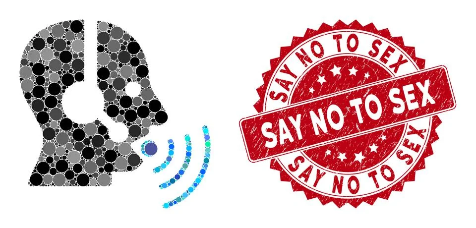 Collage Operator Talking Sound Waves with Scratched Say No to Sex Seal Ilustración de archivo