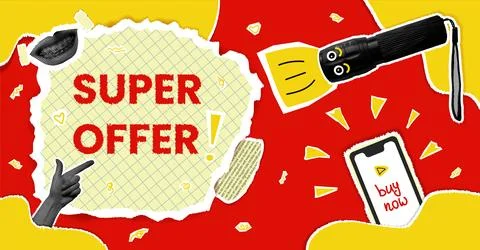 Collage with paper cut elements for decoration sale events. Super offer ban.. 스톡 일러스트