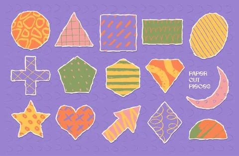 Collage paper elements set in different shapes, colours and textures. Trendy Stockillustratie