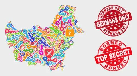 Collage of Passkey Borneo Map and Distress Germans Only Watermark 스톡 일러스트