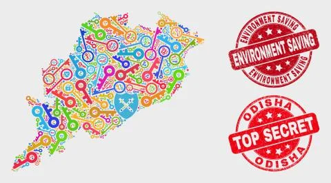Collage of Passkey Odisha State Map and Grunge Environment Saving Stamp 스톡 일러스트