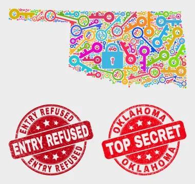 Collage of Passkey Oklahoma State Map and Distress Entry Refused Stamp Seal イラスト素材