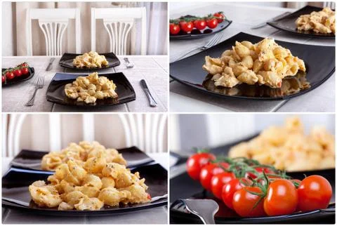 Collage of pasta , cherry tomatoes Stock Photos