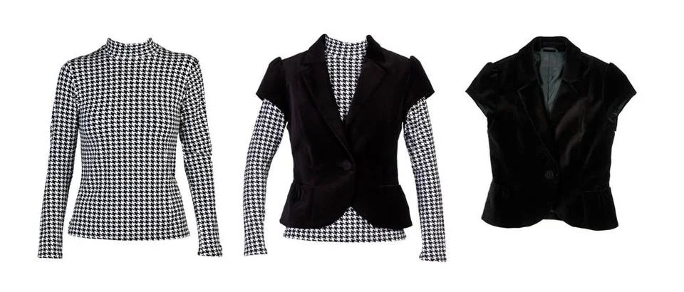 A collage of patterned blouses with crows feet and a black vest A collage ... Stock Photos