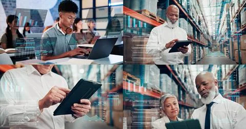 Collage, people and data on tech for logistics, track stock turnover and in.. Foto stock