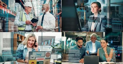 Collage, people and graphs with tech for logistics, phone call and trading .. Stock Photos