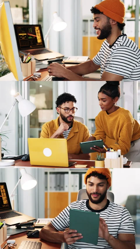 Collage, people and tech in office for editor, article planning and chat with Stock Footage 333243803
