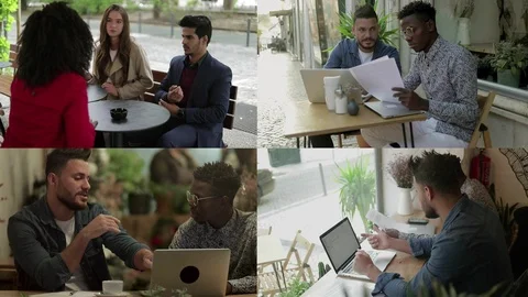 Collage of people in cafe working on laptops, checking data Stock Footage 107997319