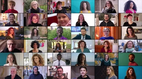 Collage of people different in age and ethnicity smile happily at the camera Stock Footage 240327484