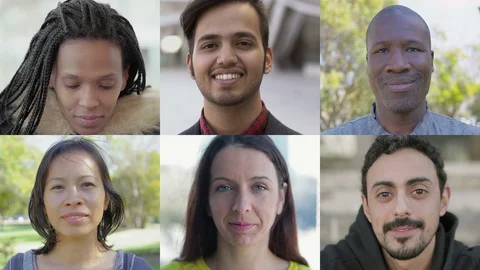 Collage of people of different races looking at camera Video stock 104311485