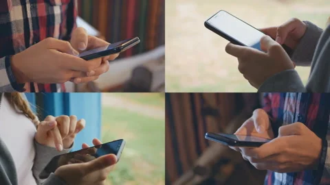 Collage of people hands using mobile phone Stockbeeldmateriaal 124706397