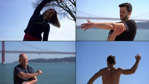 Collage of people performing stretching exercise at quay Video stock 105118950