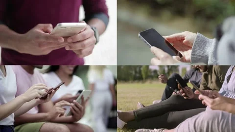 Collage of people using mobile phone and working Stock Footage 132940829