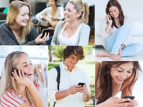 Collage of people using their mobile phone Foto stock