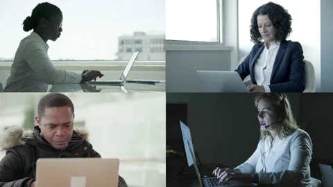 Collage of people working with laptop on isolation Stock Footage 132940962
