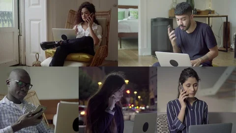 Collage of people working on laptop, talking on phone Stock Footage 110506877