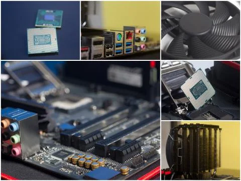 Collage of personal computer components. Stock Photos
