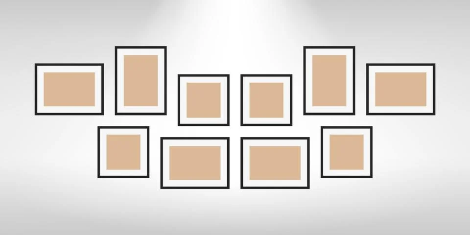 Collage picture frames on gray wall, collection of portrait frame set, mock u Stock Illustration