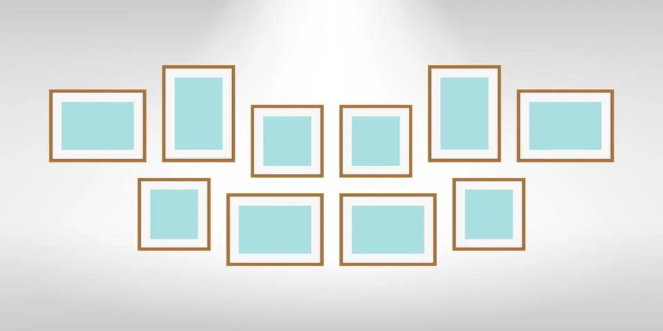 Collage picture frames on gray wall, collection of portrait frame set, mock u Stock Illustration