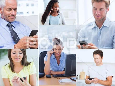 Collage of pictures showing people using their mobile phone Stock Photos