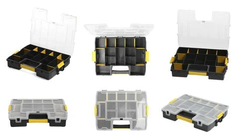 Collage of plastic box for tools on white background, different sides Fotos de archivo