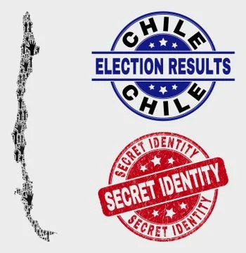 Collage of Poll Chile Map and Distress Secret Identity Stamp Seal Stock Illustration
