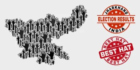 Collage of Poll Jharkhand State Map and Grunge Best Hat Watermark Stock Illustration