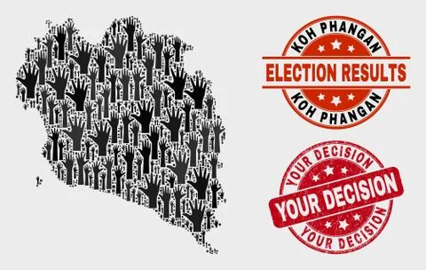 Collage of Poll Koh Phangan Map and Distress Your Decision Watermark Stock Illustration