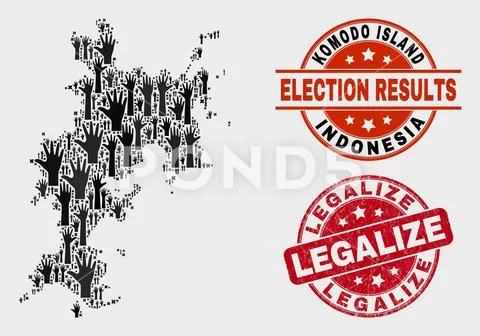 Collage of Poll Komodo Island Map and Distress Legalize Seal Stock Illustration