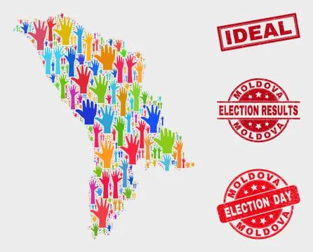 Collage of Poll Moldova Map and Distress Ideal Watermark 스톡 일러스트