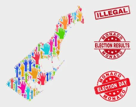Collage of Poll Monaco Map and Distress Illegal Stamp Seal 스톡 일러스트