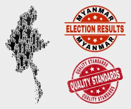 Collage of Poll Myanmar Map and Grunge Quality Standards Watermark Stock Illustration