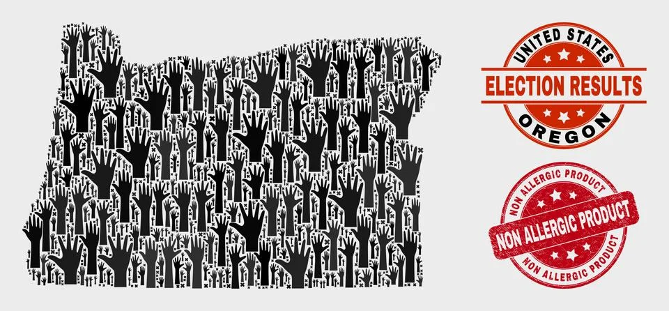 Collage of Poll Oregon State Map and Distress Non Allergic Product Seal 스톡 일러스트