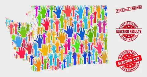 Collage of Poll Washington State Map and Distress Tips and Tricks Seal 스톡 일러스트