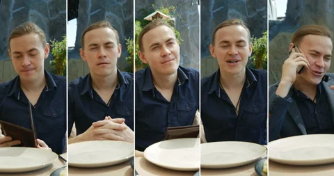 Collage of a portrait of a young man sitting at a table in a restaurant Stock Footage 137348094