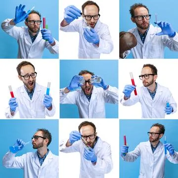 Collage. Portrait of young scientist, chemist or doctor conducts chemical Stock Photos