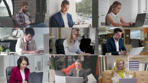 Collage portraits of different people using laptop Stock Footage 130891675
