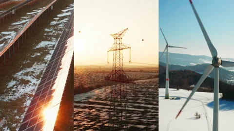 Collage of power plant, wind turbines, and high voltage power lines in winter Stock Footage 342931332