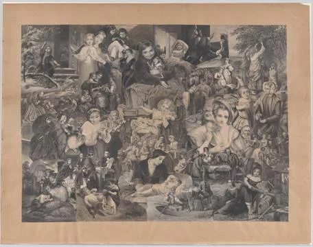 Collage of printed elements centered on Women, Children, Family and Rural L.. Stockfoto's