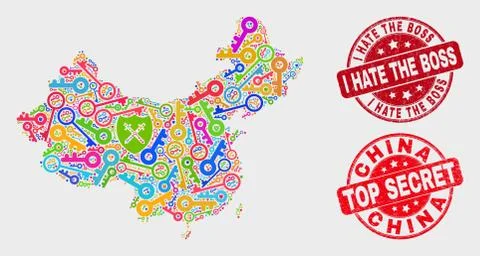 Collage of Privacy China Map and Scratched I Hate the Boss Watermark イラスト素材