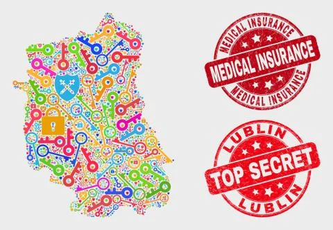 Collage of Privacy Lublin Voivodeship Map and Scratched Medical Insurance Stock Illustration