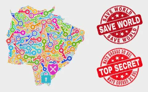 Collage of Privacy Mato Grosso Do Sul State Map and Scratched Save World Stamp Stock Illustration