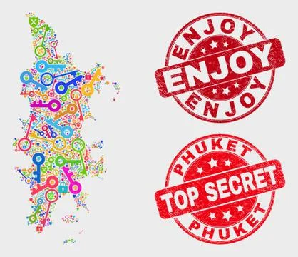Collage of Privacy Phuket Map and Scratched Enjoy Stamp Stock Illustration