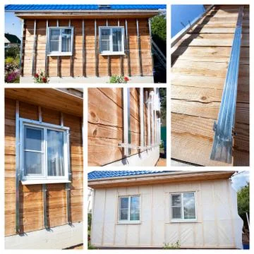 Collage with process of external wall insulation in wooden house Fotos de archivo