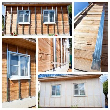 Collage with process of external wall insulation in wooden house Fotos de archivo