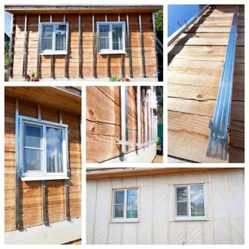 Collage with process of external wall insulation in wooden house Fotos de archivo