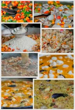 Collage of the process of making a typical fish paella Foto stock